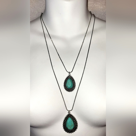 Source Unknown Jewelry - Elegant Double Faux Turquoise Silver Tone Double Chain Necklace